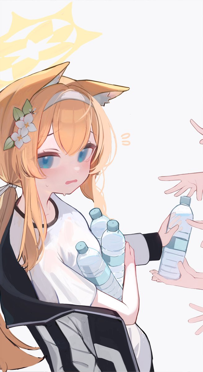 mari (blue archive) 1girl animal ears official alternate costume bottle jacket water bottle flower  illustration images