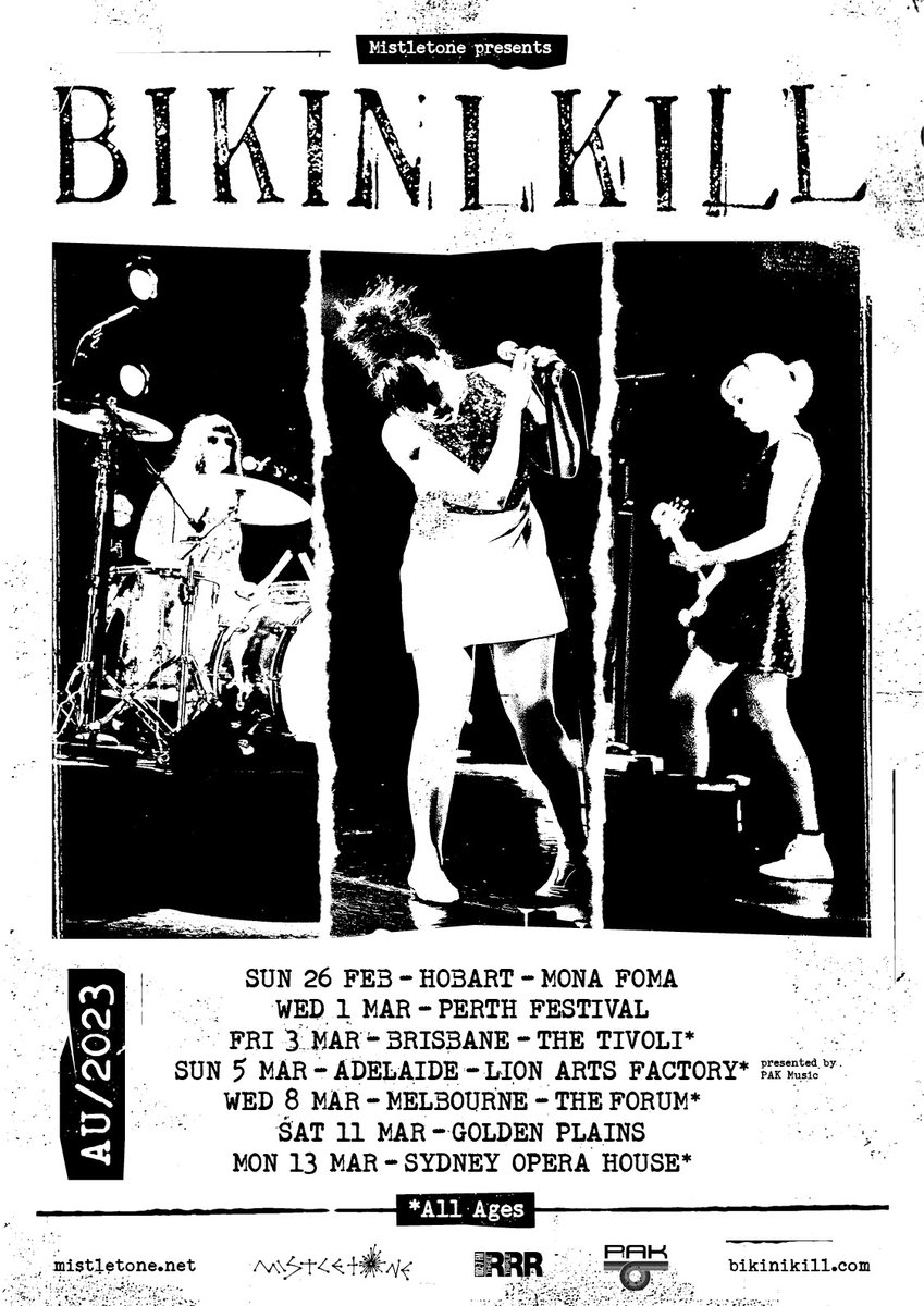 Australian club shows announced! Tickets on sale for Brisbane, Adelaide, and Melbourne Oct 31 at 9am local time, Sydney show on sale Nov 4th at 9am local. bikinikill.com/tour/