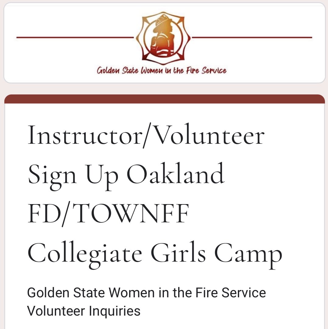 TOWN Firefighters (@townffs) on Twitter photo Don’t miss the chance to help instruct for the next Hero Girls Fire Camp hosted by <a href="/OaklandFireCA/">Oakland Fire Department (CA)</a> and <a href="/TOWNFFs/">TOWN Firefighters</a>!
Register on the link below:
docs.google.com/forms/d/e/1FAI… Don’t miss the chance to help instruct for the next Hero Girls Fire Camp hosted by <a href="/OaklandFireCA/">Oakland Fire Department (CA)</a> and <a href="/TOWNFFs/">TOWN Firefighters</a>!
Register on the link below:
docs.google.com/forms/d/e/1FAI…