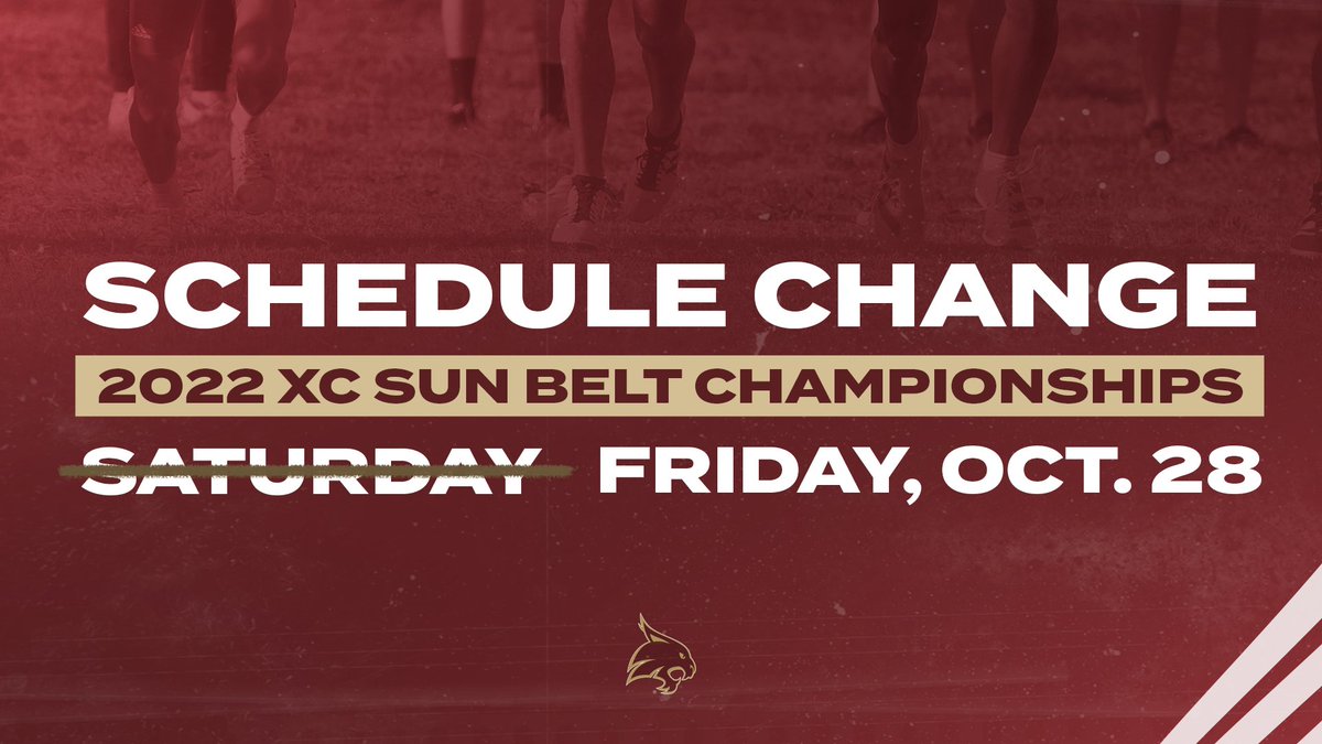 TXStateTrack's tweet photo. Due to forecasted weather, this weekend's #SunBeltXC Championships have been moved to Friday

Women's 5K starts at 4:02 pm
Men's 8K at 5 pm

#EatEmUp https://t.co/acQ8tmnphd
