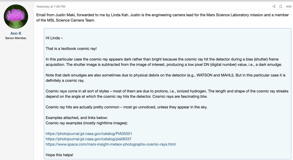 MickWest's tweet photo. The dark "object" flying on Mars has been explained by Justin Maki, the engineering camera lead for the Mars Science Laboratory mission.

It's the result of a cosmic ray hitting the camera during a bias (shutter) frame acquisition.

A camera glitch. 

https://t.co/DvEk3vEApT https://t.co/EAb8Q3gEYV
