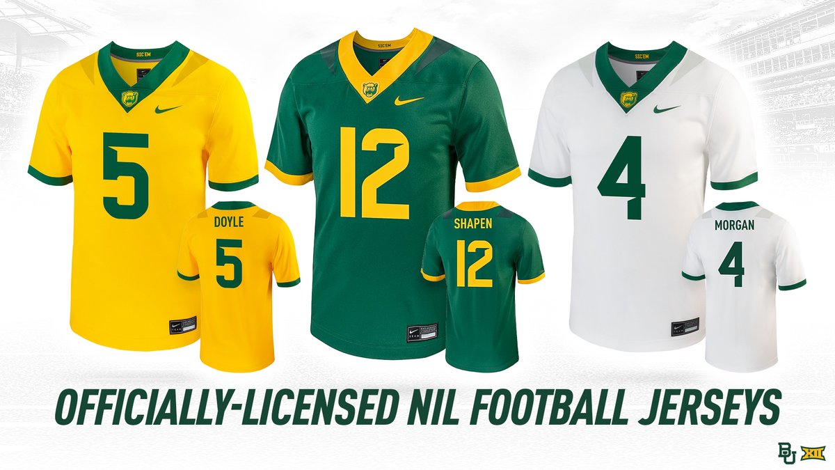 BaylorAthletics's tweet photo. ICYMI: Official @Nike NIL @BUFootball jerseys are now available for purchase online 🏈
Support the Bears: https://t.co/sqizpa4Mhm
#SicEm | #WithBaylor https://t.co/LU6Pa88gDN