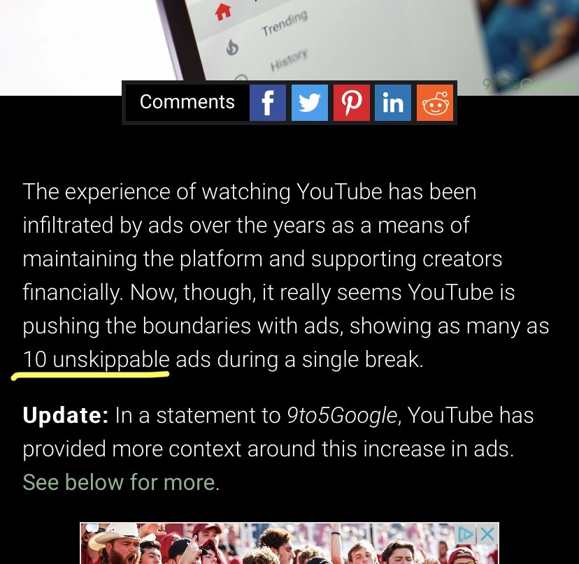 characoa1's tweet photo. Youtube, this just makes me sad. I remember the day where there was only one ad a video… times have changed and it feels like it’s all about how much money you can take now. #lessads #YouTube https://t.co/JUGVhJGuLC