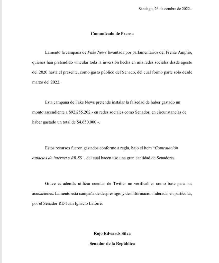 Rojo Edwards reconoce haber comprado publicidad en contra del gobierno, pero acota que sólo desde marzo. Sea desde ayer o desde hace dos años debe renunciar. No queremos corruptos en el congreso. Tolerancia Cero a los que promueven fake news y a los que usufructan del Estado.