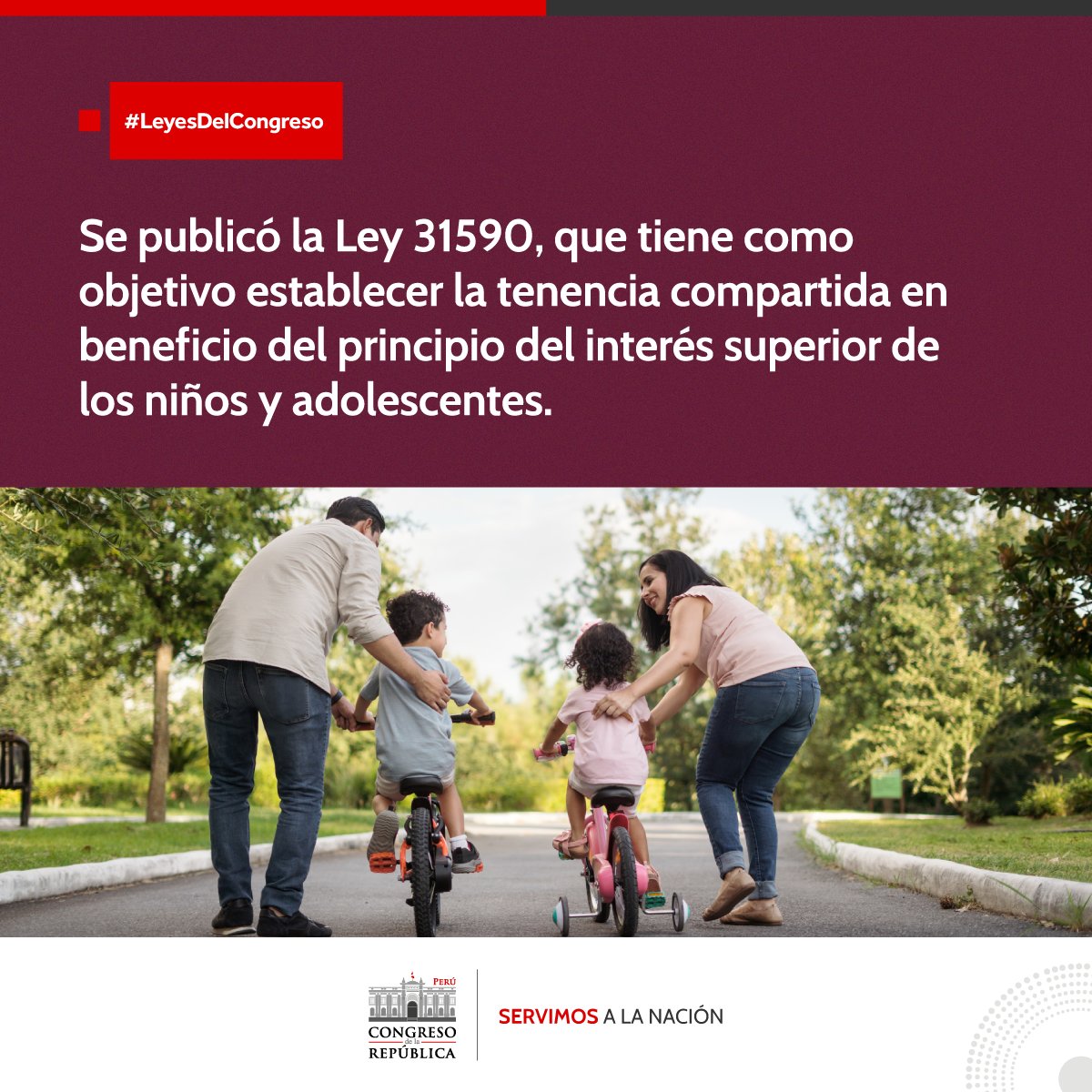 #CongresoInforma l A través del Diario Oficial El Peruano, se publicó la Ley 31590, que regula la tenencia compartida de los hijos, en beneficio del principio del interés superior de los niños y adolescentes.

📄 Revisa la norma: cutt.ly/zNfDhdP