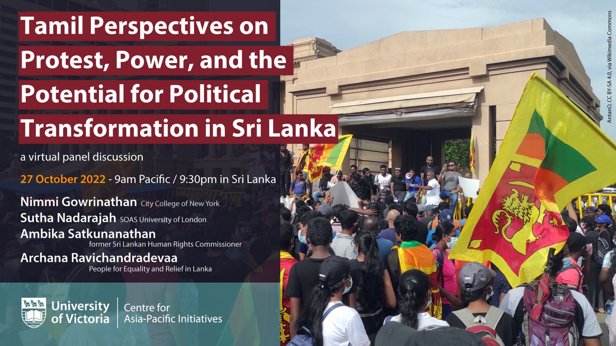 UVic Centre for Asia-Pacific Initiatives (@capiuvic) on Twitter photo Join us tomorrow for a panel with speakers <a href="/ambikasat/">Ambika Satkunanathan</a>, Sutha Nadarajah, and <a href="/nimmideviarchy/">Nimmi Gowrinathan</a>, Moderated by <a href="/PEARL_Action/">PEARL Action</a>'s ED Archana Ravichandradeva.
Thurs Oct 27 @ 9am Pacific / 9:30pm SLT. To register bit.ly/3LRqSip Join us tomorrow for a panel with speakers <a href="/ambikasat/">Ambika Satkunanathan</a>, Sutha Nadarajah, and <a href="/nimmideviarchy/">Nimmi Gowrinathan</a>, Moderated by <a href="/PEARL_Action/">PEARL Action</a>'s ED Archana Ravichandradeva.
Thurs Oct 27 @ 9am Pacific / 9:30pm SLT. To register bit.ly/3LRqSip