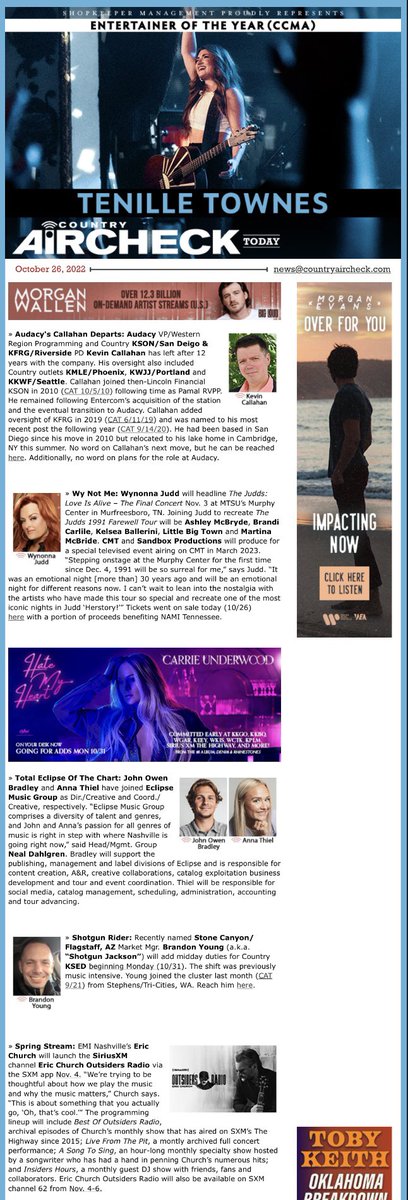 Find today’s radio, artist, and industry news and see where to watch artist appearances online and on television in today’s Country Aircheck Today here:

t.e2ma.net/message/09q7wu…

#CountryMusic #Radio #Ratings #News