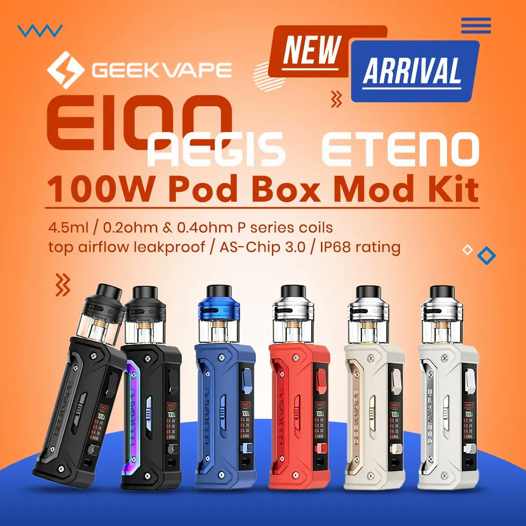 FastTech_'s tweet image. ↗️GeekVape E100 Aegis Eteno 100W Mod Kit
👏Shop Now: buff.ly/3FiiOGb
Top airflow leakproof / 4.5ml
AS-Chip 3.0 / IP68 rating