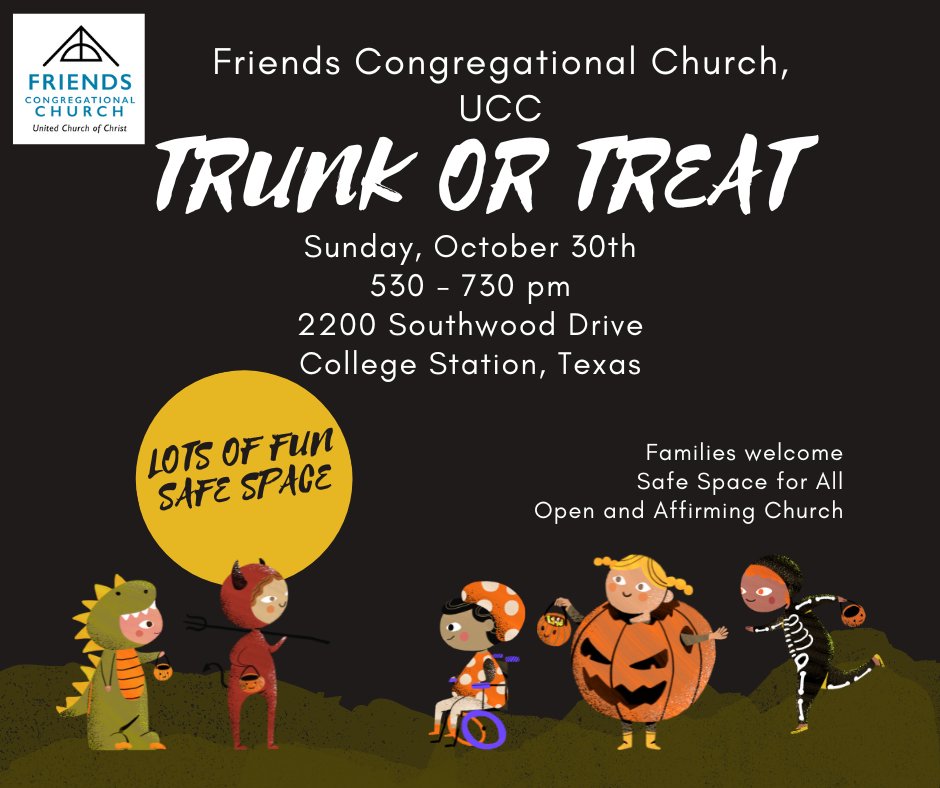pridebrazos's tweet photo. Pride Community Center encourages you to check out @FriendsUCC

Friends Congregational Church, UCC in College Station will be having their "Trunk or Treat" in their parking lot from 530 till 730 pm on Sunday, October 30th. 

LGBTQ+ Youth Friendly and Safe

Please share widely. https://t.co/YNZ14n6Pea