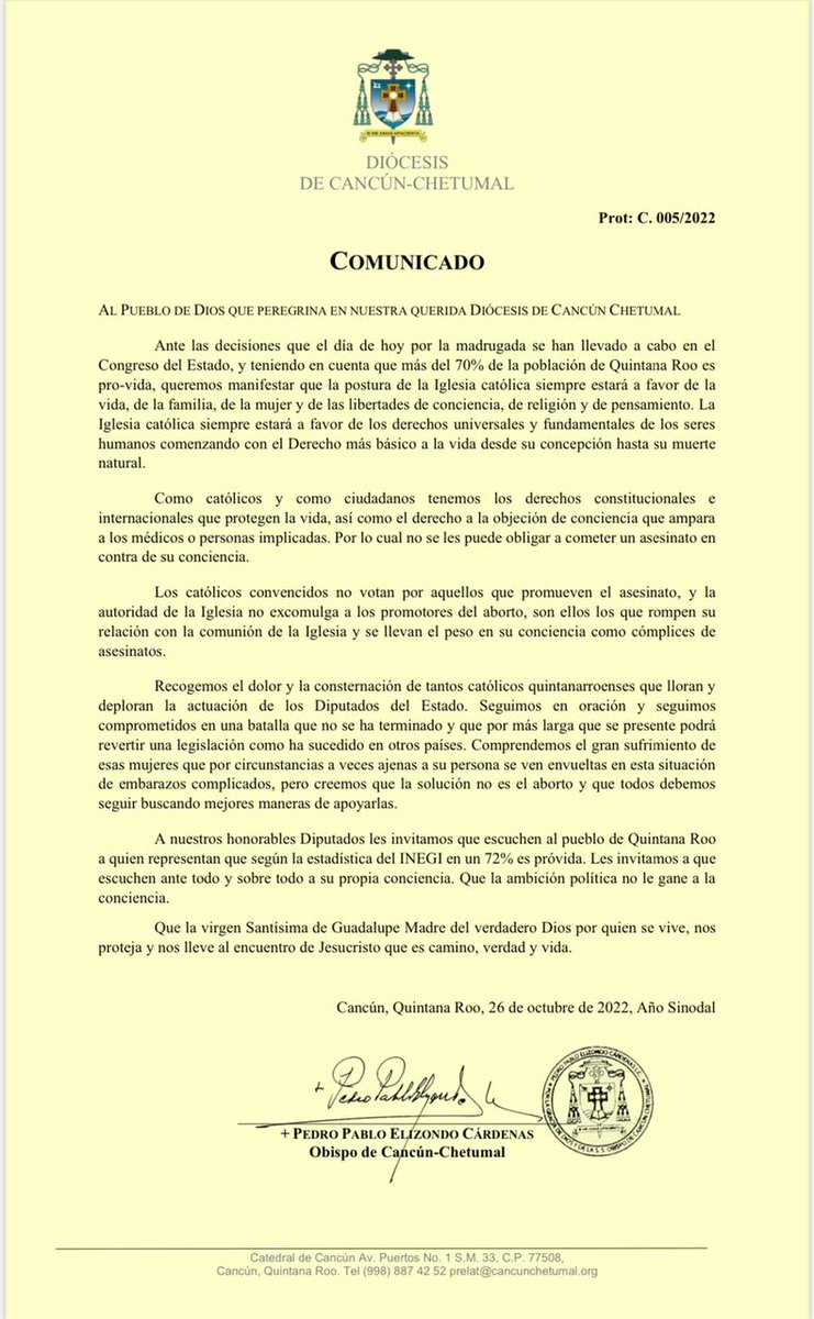 Desde la Conferencia del Episcopado Mexicano, compartimos el #Comunicado oficial de la Diócesis de Cancún-Chetumal sobre la decisión de XVII Legislatura del Estado de Quintana Roo sobre la despenalización del aborto que se dio la madrugada del miércoles 26 de octubre.