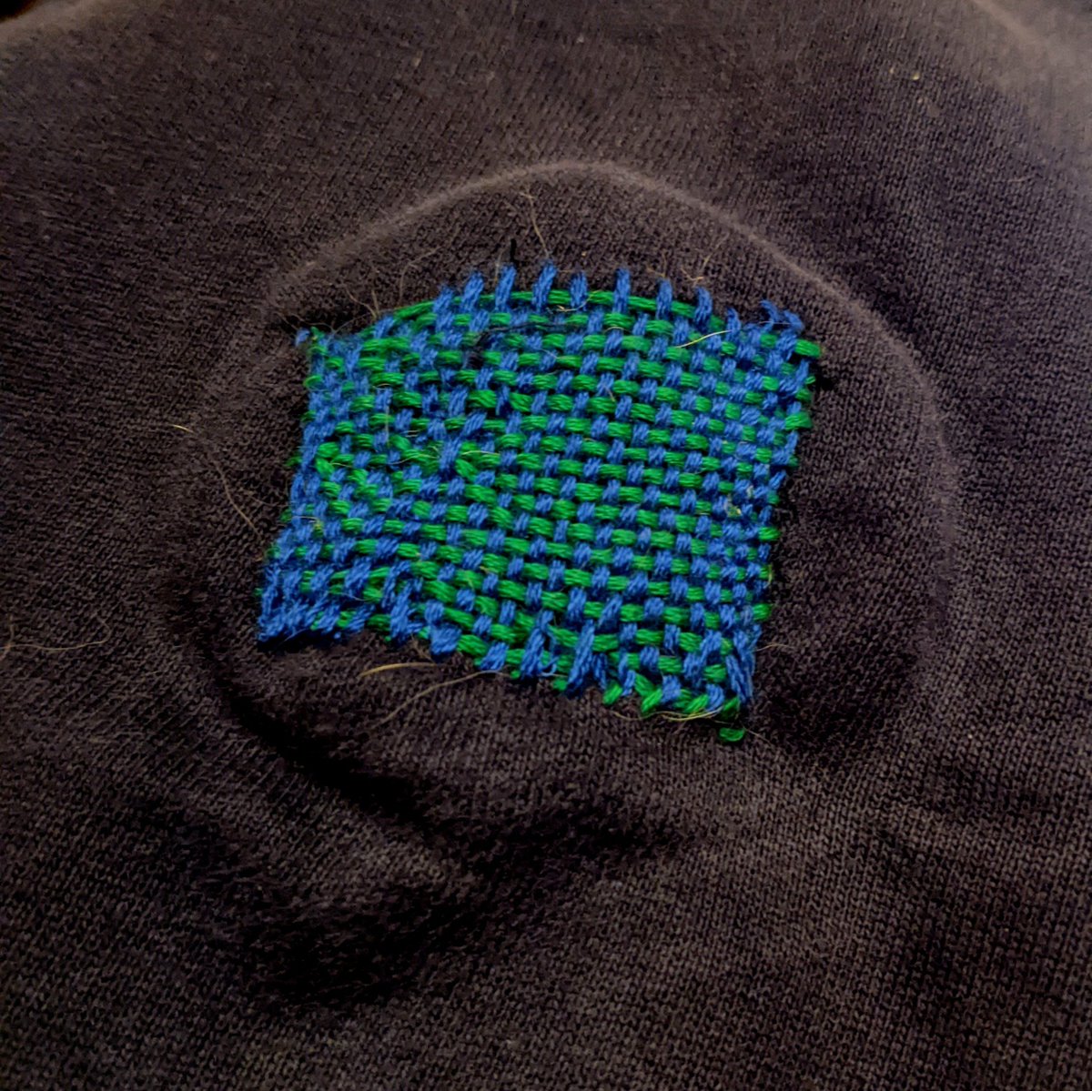 velobetty's tweet image. Tore a hole in the elbow of my favourite hoodie so used my darning loom to repair it with contrasting thread. #RepairNotReplace #FixStuff