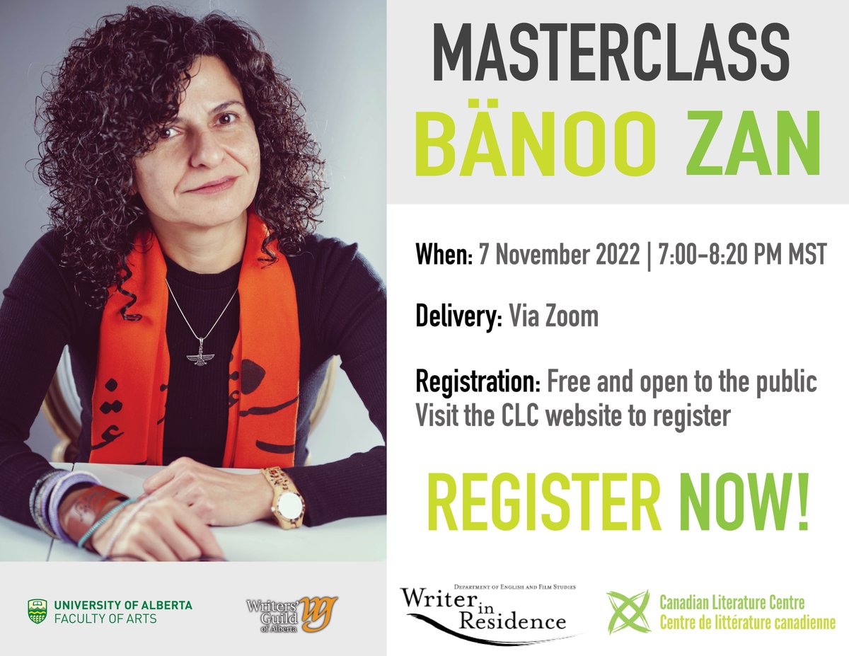 We are pleased to announce our virtual masterclass with the U of A's Writer-in-Residence, Bänoo Zan! Join us on Monday, November 7, 2022 from 7 to 8:20 p.m. MST. We welcome writers of all genres and levels of experience. Click here to register for free: ualberta-ca.zoom.us/meeting/regist…