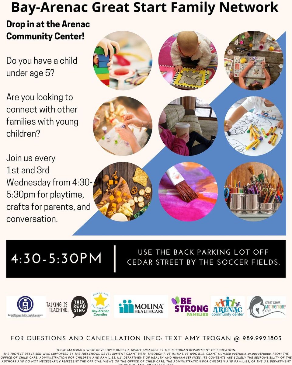 BAGreatStart's tweet photo. You are invited to join the Bay-Arenac Great Start family Network at the Arenac Community Center in #StandishMI on the 1st & 3rd Wednesday of each month. https://t.co/E8vbCAg2I0