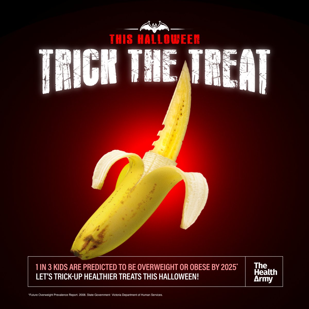 Unleash your killer creativity this Halloween and trick-up healthy options for the trick-or-treaters. 
Take a small stand against confectionery that’s helping to fuel Australia’s weight problem.
#trickthetreat #obesity 
The Health Army collaborated with <a href="/PAULGAWMAN/">Paul Gawman</a>