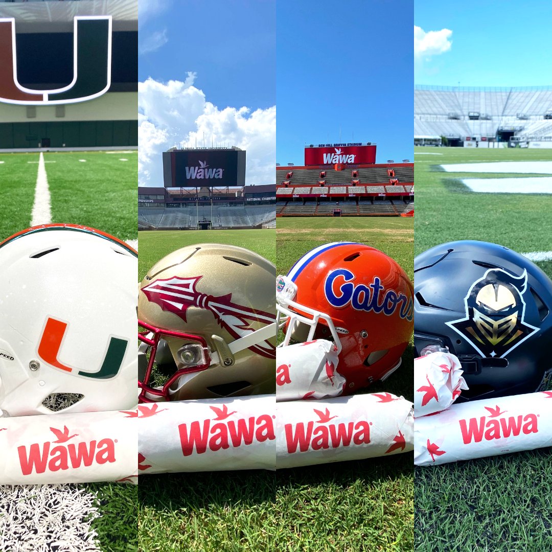 Wawa's tweet image. Florida, watch out 🚨 We’re goin’ to college! We&apos;ve partnered up with our friends at @FloridaGators, @Seminoles, @MiamiHurricanes, and @UCFKnights to sponsor their athletic programs and bring Wawa to campus! See you soon ❤️