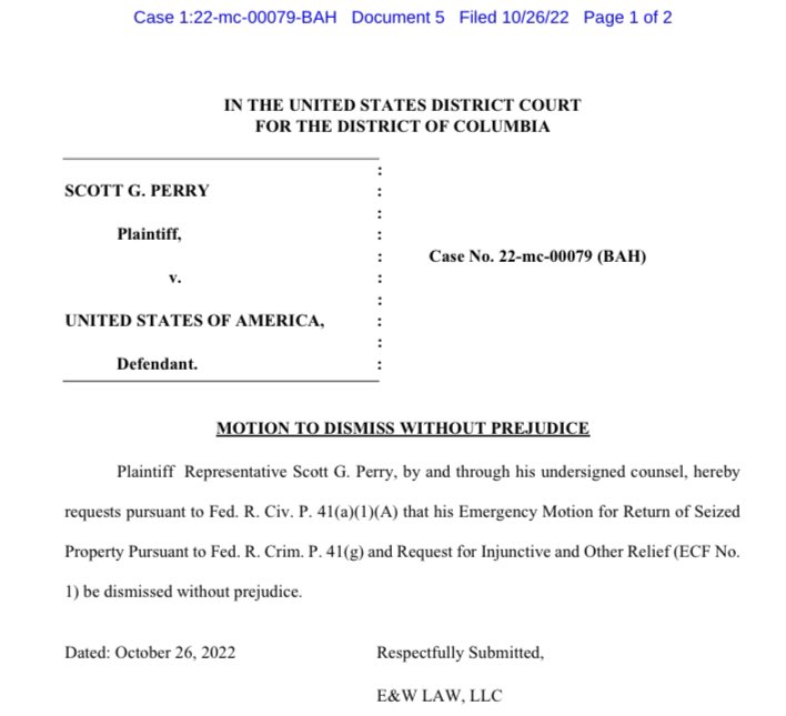 JUST IN: Rep. Scott Perry, whose phone was seized by the FBI, is dropping his lawsuit to recover the data taken by prosecutors. He had already held it in abeyance signaling productive discussions — it appears they resolved (or agreed not to resolve) any privilege issues.