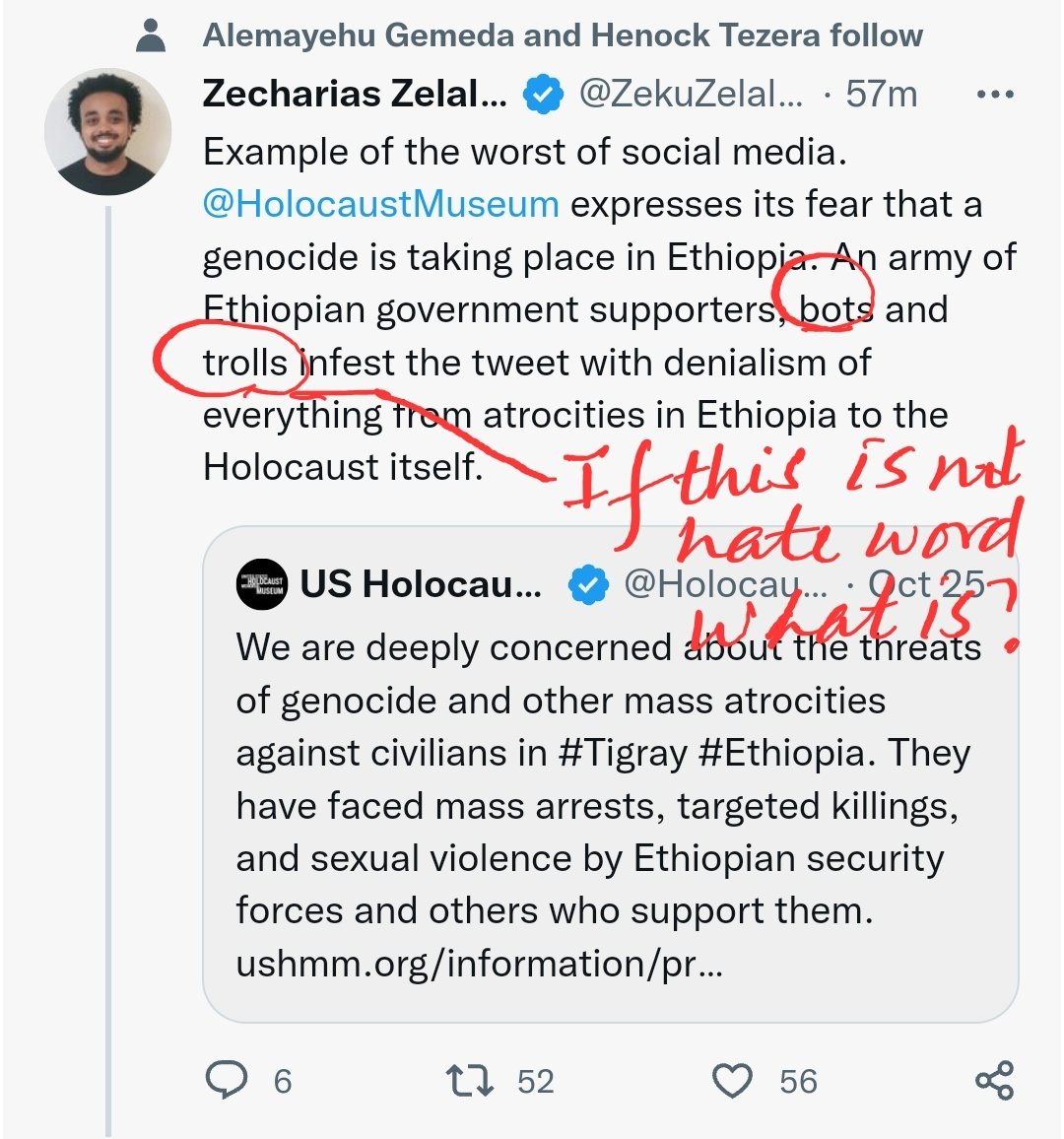 shawelbet's tweet photo. If this is not hate speech what is? When Ethiopians voiced their concerned on the false alarm by @HolocaustMuseum about "TigrayGenocide", he calls them "bots" and use word like "infest" which could equates the doers as "Insects". This is dangerous. Must stop. @ZekuZelalem https://t.co/Bg8lSVlCOR
