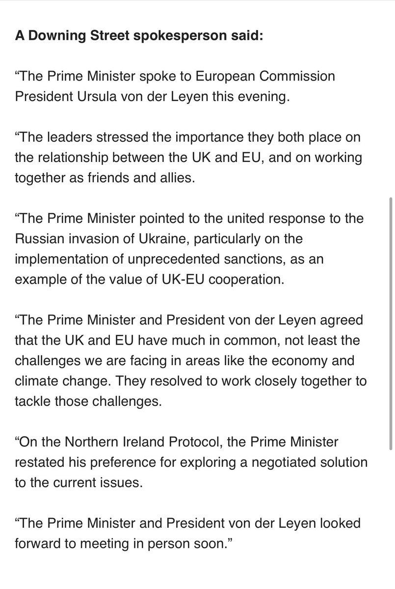 Good to see @RishiSunak & @vonderleyen speak so quickly. Also the new PM emphasising his preference for a negotiated solution over NI Protocol. Readout from @10DowningStreet below