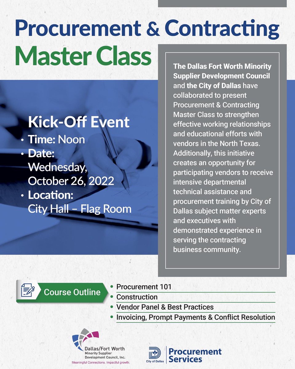 informatedfw's tweet photo. Procurement & Contracting Masterclass Kick-off Event! π #CityOfDallasPartner
β¨ Oct. 26, 2022, at 12 PM in the Flag Room (City Hall).
Β
π² Kickoff Registration ca by visiting https://t.co/UBeCHCTi4n.
In partnership with @CityOfDallas.
#Dallas #FortWorth https://t.co/DFiLPPFKwM