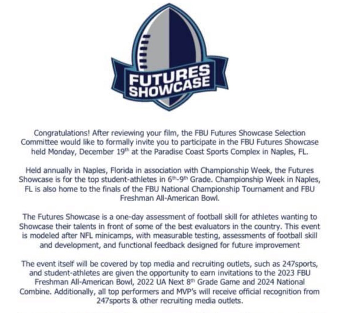 Thankful for this opportunity to showcase my skills at the underclassman future showcase🙏🏾 @FBUcamp @FBUAllAmerican @FBU_NC @AWilliamsUSA
