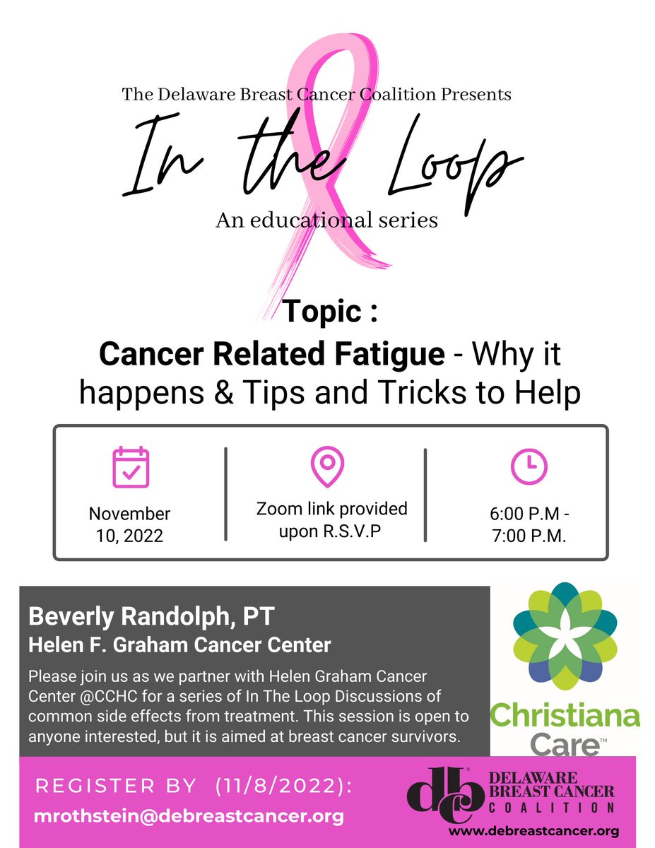 Join us for this upcoming In the Loop session about cancer related fatigue! Register to mrothstein@debreastcancer.org. This session is aimed at breast cancer survivors but is open to anyone interested.