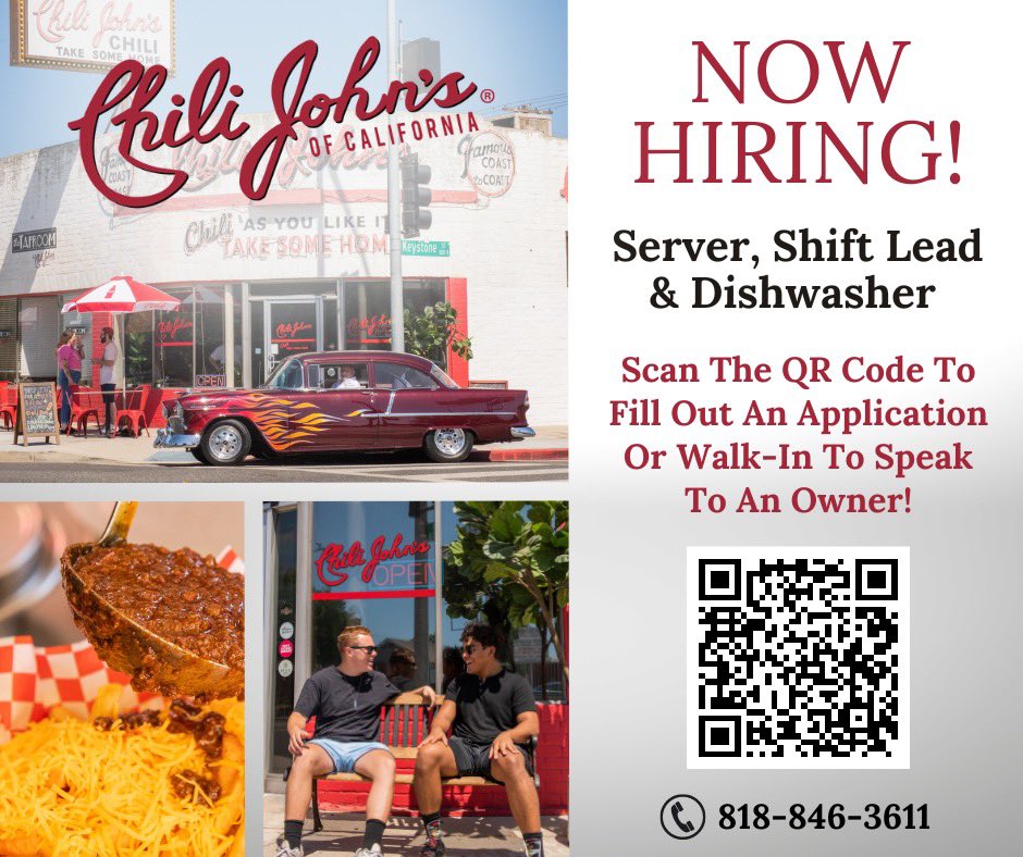 chilijohnsca's tweet photo. Now is your opportunity to work with an amazing team at Chili John’s 🚨

Scan the QR code to apply or contact us for more information. We can’t wait to hear from you soon!

#ChiliJohns #Chili #Burbank #LA #Since46 #Work #WorkHere #Job #Jobs #Careers #Opportunity https://t.co/xeuAMZr3IJ