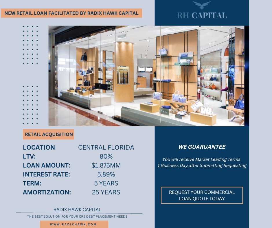 Radix Hawk Capital Facilitates New $1.875 Million Retail Acquisition and Buildout Commercial Real Estate Loan!

Radix Hawk Capital Guarantees we will achieve the Best Terms Offered for your CRE lending needs within 1 BUSINESS DAY after submitting...
