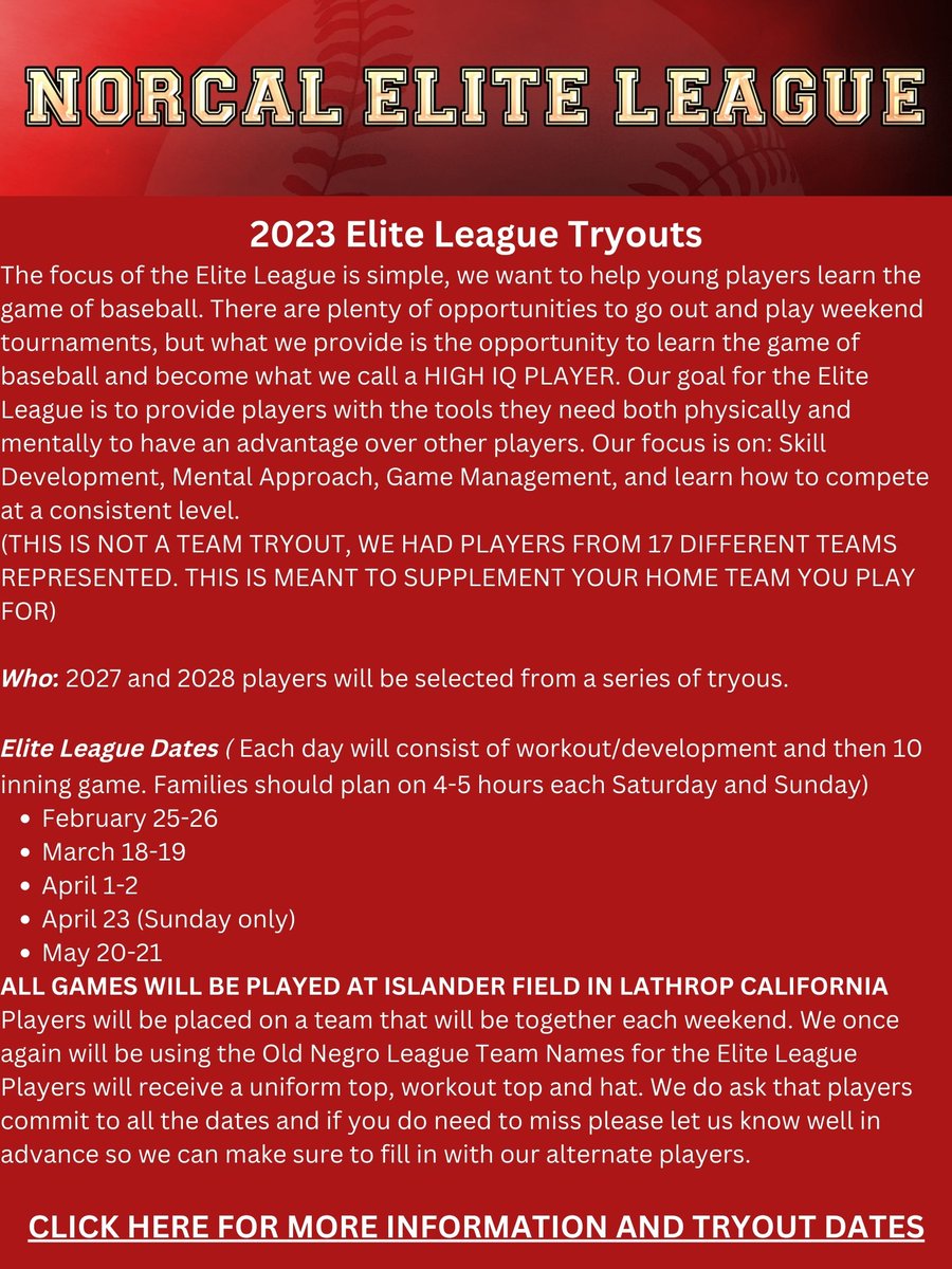 Tony Crivello (@norcalbaseball) on Twitter photo Its that time again The 2023 7th and 8th Grade Elite League Tryouts. Making the Best Better through instruction and competition. We are looking for 7/8th graders who want to become a High IQ Player. Sign up for a tryout norcalworldseries.leagueapps.com/events/3518298โฆ
<a href="/norcalu1/">NorCalU</a> <a href="/_jeremybooth/">Jeremy Booth</a> Its that time again The 2023 7th and 8th Grade Elite League Tryouts. Making the Best Better through instruction and competition. We are looking for 7/8th graders who want to become a High IQ Player. Sign up for a tryout norcalworldseries.leagueapps.com/events/3518298โฆ
<a href="/norcalu1/">NorCalU</a> <a href="/_jeremybooth/">Jeremy Booth</a>