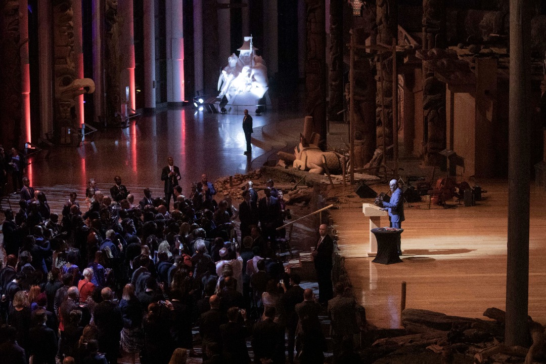 AUC_MoussaFaki's tweet photo. This evening I was honoured to address members of the Canadian govt led by @CanadianPM alongside prominent members of the African diaspora including MP @KayabagaArielle at a reception held at the beautiful @CanMusHistory ahead of the first #AUCanada High-Level Dialogue. https://t.co/krMdL7Y4gL