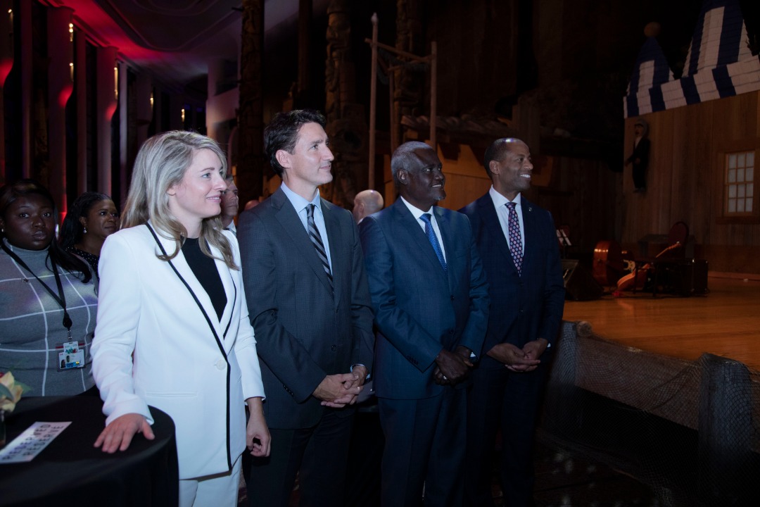 AUC_MoussaFaki's tweet photo. This evening I was honoured to address members of the Canadian govt led by @CanadianPM alongside prominent members of the African diaspora including MP @KayabagaArielle at a reception held at the beautiful @CanMusHistory ahead of the first #AUCanada High-Level Dialogue. https://t.co/krMdL7Y4gL