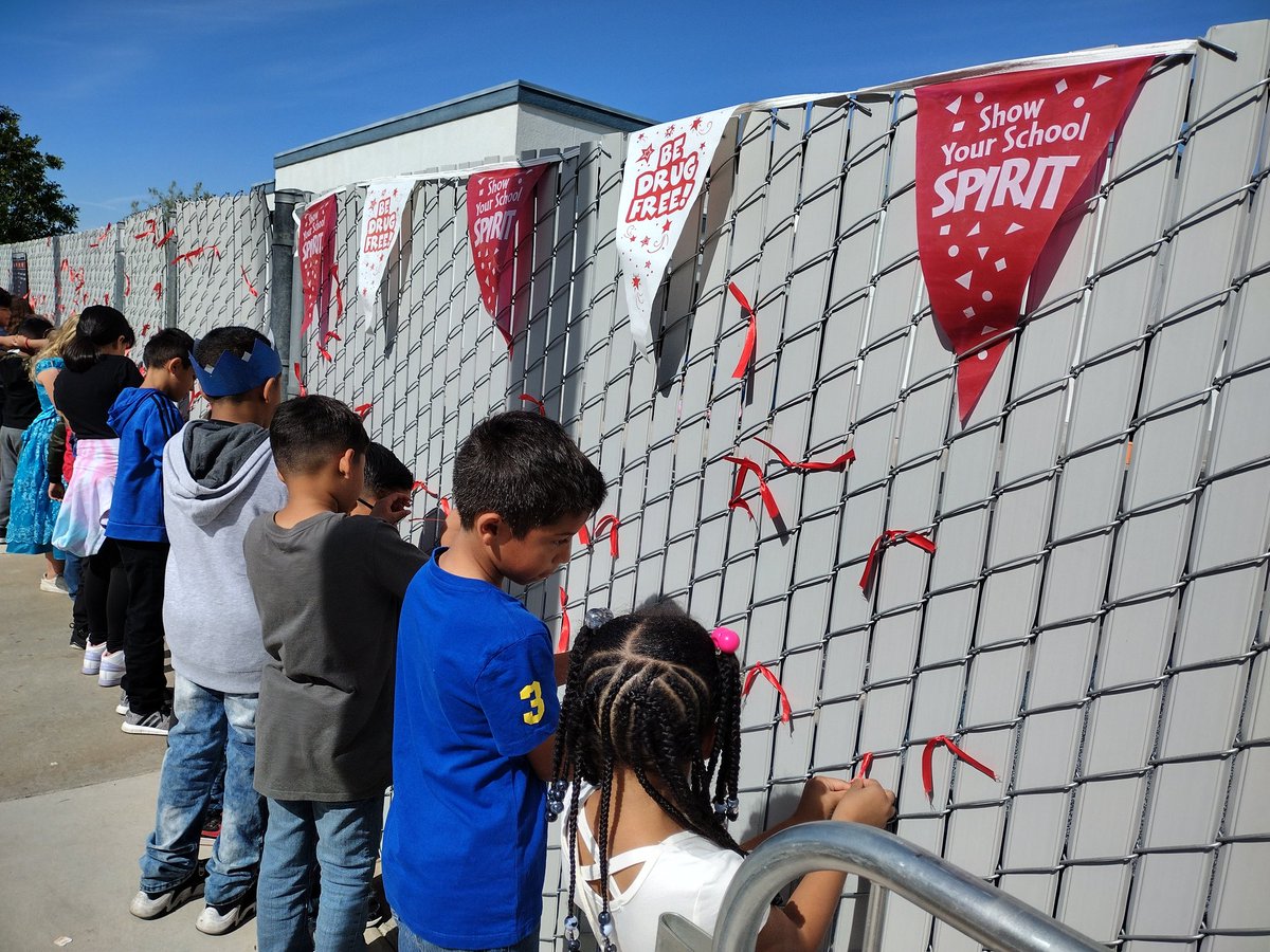 3rd graders helping their kinder buddies to tie red ribbons on the fence to show our commitment to be drug free! @Columbia_VVUSD Red Ribbon Week @ShawnessyWatts @WendyNumata @misschristi25
