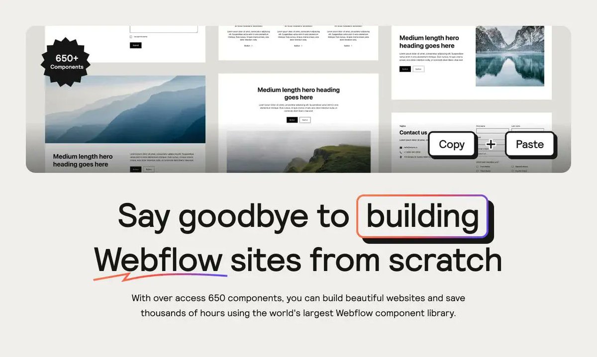 ProductHunt's tweet image. This library has over 650 Webflow components to help you build a site in a more time-efficient manner.