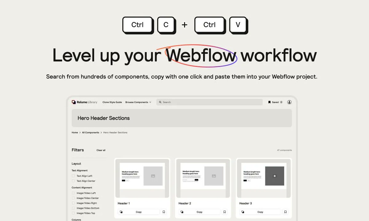 ProductHunt's tweet image. This library has over 650 Webflow components to help you build a site in a more time-efficient manner.