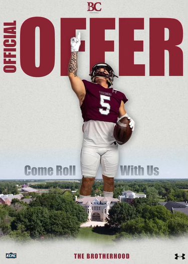 I am beyond blessed to receive a offer from Bethel College!! Go Threshers! @coachlangfordBC @Threshers_FB @CoachLeach3 @CoachMorla @BrothersVarsity