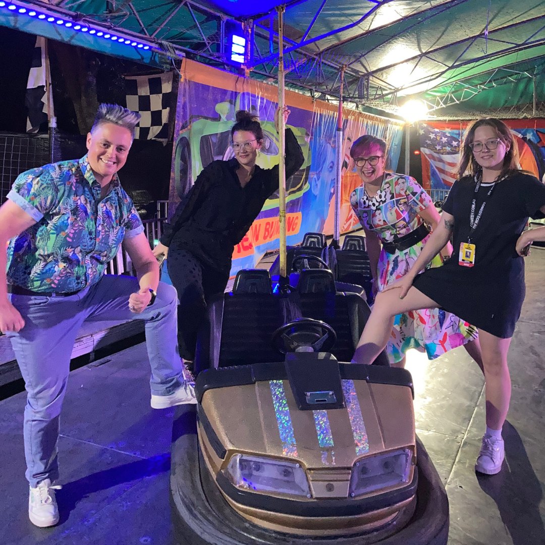 Throwback to <a href="/geraldinehickey/">Geraldine Hickey</a>, @lizzyhoocomedy, <a href="/calbo/">Cal Wilson</a> and <a href="/jbarr_666/">Jordan Barr</a> preparing to make their mark on the dodgem circuit at <a href="/ADLfringe/">Adelaide Fringe</a> earlier this year.
