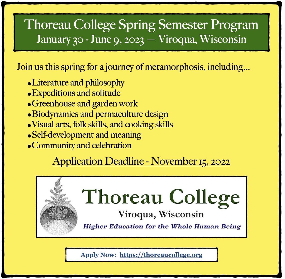 MicrocollegePod's tweet image. There are a couple of places left in the Thoreau College Spring Semester Program, rooted in rural southwestern Wisconsin. Ideas. Labor. Community. Art. Nature.  Higher Education for the Whole Human Being thoreaucollege.org/spring-2023-cu…