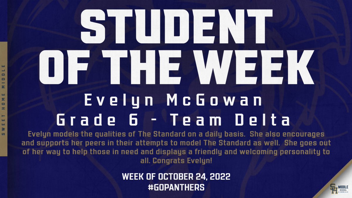 More Panthers doing great things at meeting our Standard! Congrats to Noah, Dhyani, and Evelyn on being a Student of the Week!

Thank you for meeting our Standard each day ✅✅✅

<a href="/SHMSptsa/">Sweet Home Middle School PTSA</a>
 
<a href="/MikeGinestre/">Mike Ginestre, Ed.D.</a>