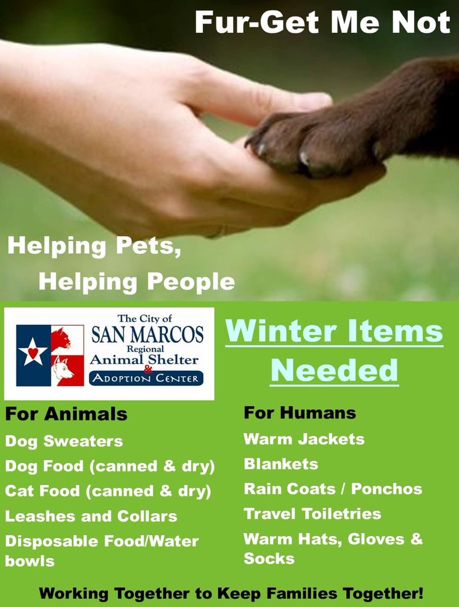 Winter's coming &amp; we want nobody to brave the cold alone. Seek donations to help anyone in need of warmth &amp; friendship. Bring donations by shelter (use big blue bins out front). Let's work together to keep families together. SMRAS: 750 River Rd., San Marcos TX 78666