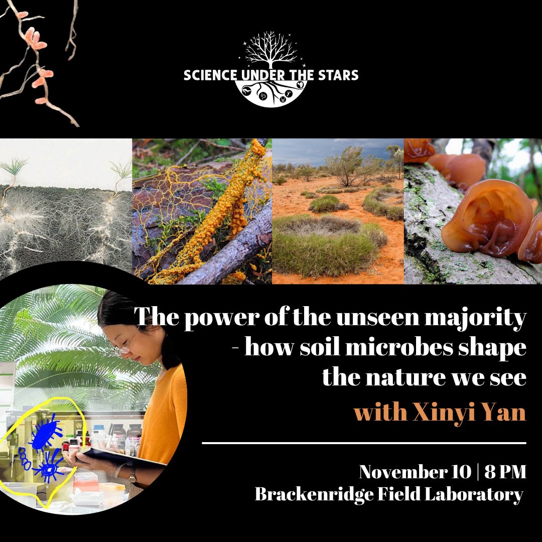 sci_under_stars's tweet photo. Our November talk is right around the corner! Xinyi Yan will talk about what soil microbiomes are and why they are important to our world @ 8 pm on November 10, BFL. Join us at 7 pm for kid's activities, natural history displays, and a tour of the field lab! (1/) https://t.co/mxURbE9gYZ