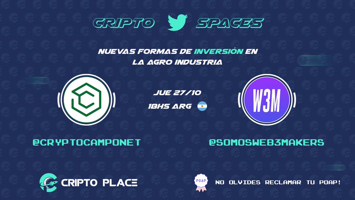 CriptoPlace's tweet photo. 📢¡Tenemos nuevo #Criptospaces con tremendos invitados! 

🔥Estaremos conociendo el proyecto de @CryptocampoNet y el evento que se viene en Mendoza de la mano de @somosweb3makers✨

🗓️Mañana Jueves 27/10 - 18hs ARG (21hs UTC)

👇Agenda el evento en el siguiente link! https://t.co/XthFDrw35o