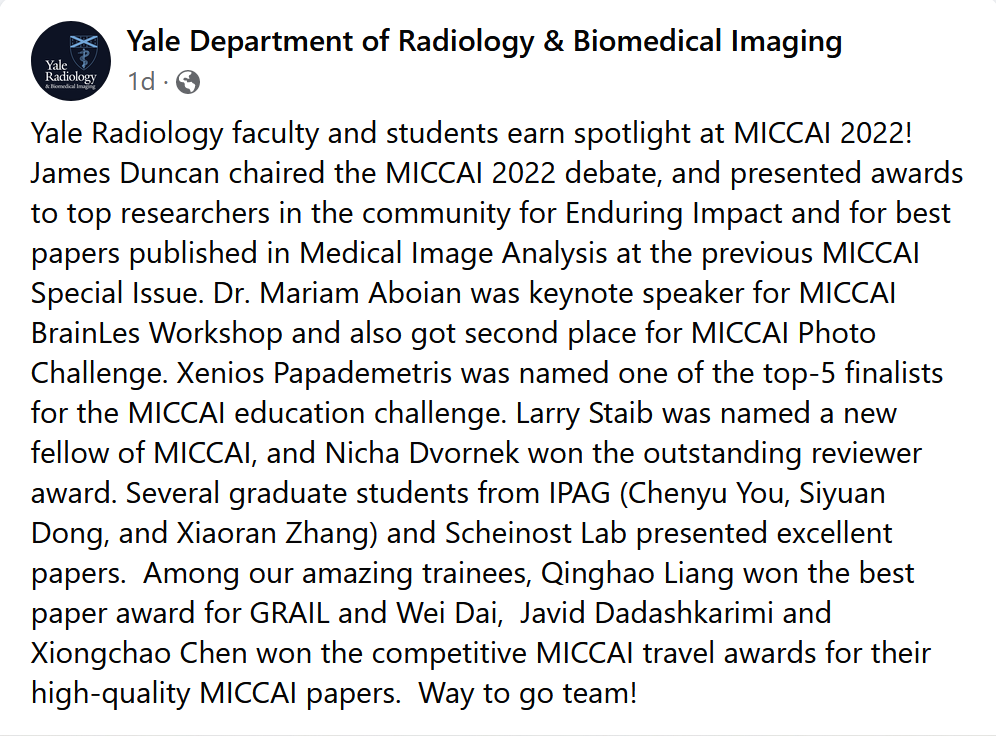 Yale Radiology faculty and students earn spotlight at #MICCAI 2022! Our faculty chaired debates, gave keynote presentations, received awards, and were appointed as MICCAI fellows, while grad students took home several awards, including best paper. Way to go team! <a href="/MICCAI_Society/">MICCAI Society</a>