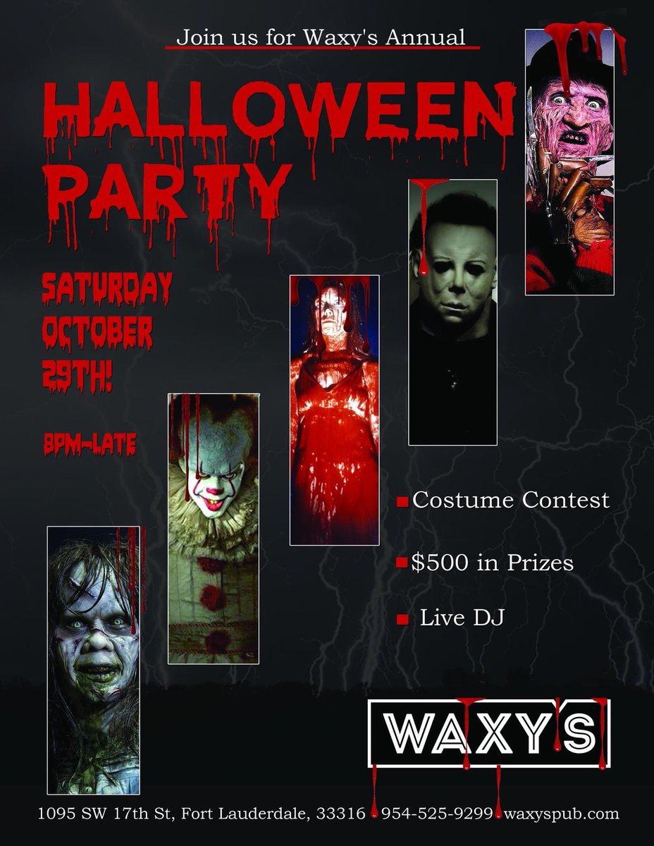 Trick or treat yo’ self at Waxy’s Spook-Tacular Halloween party!
Show up in your most terrifying costume for the chance to win $500 in prizes. The nightmare begins at eight o’clock in the evening! Saturday, October 29th.
Eat, drink, and be scary.... #Halloween #party #ftlaudy