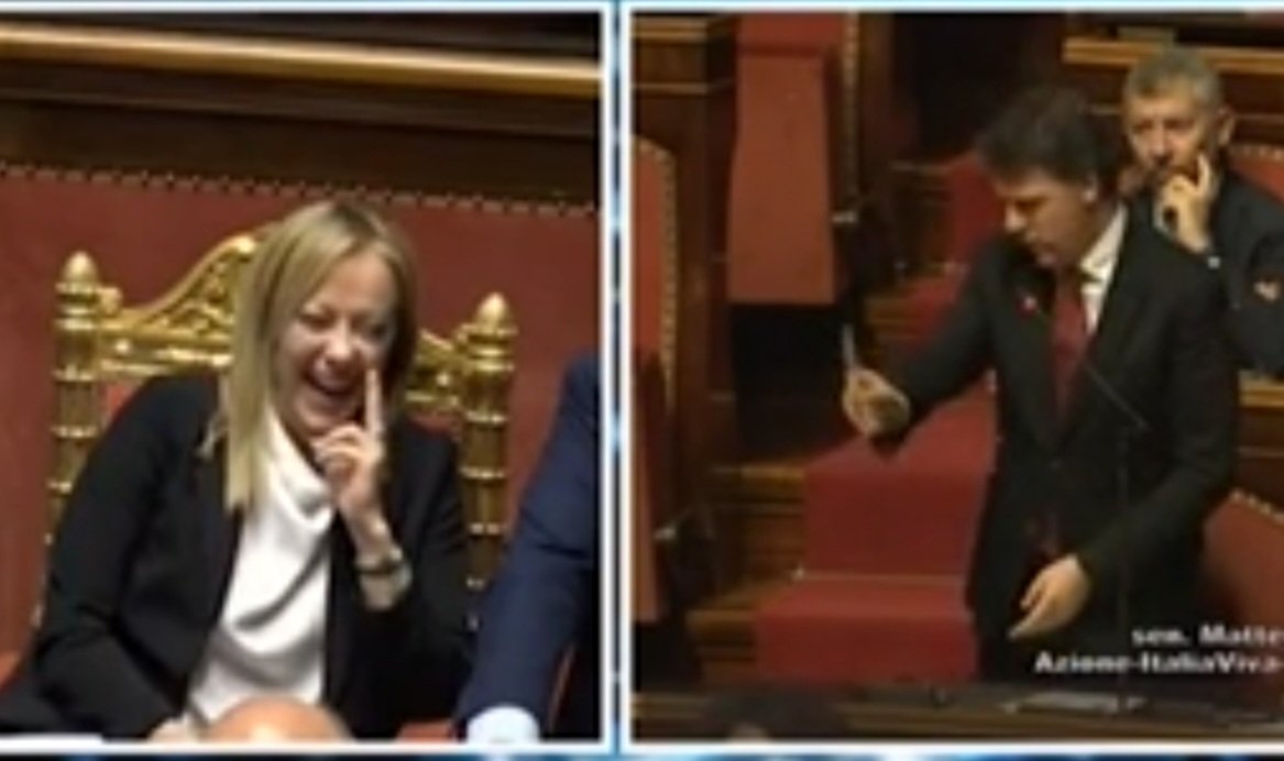 HitoZam's tweet photo. Reazione della #Meloni all'intervento di #Conte vs reazione della Meloni all'intervento di #Renzi. Ora sapete chi è in Parlamento per fare opposizione in nome dei propri elettori e chi viene in Parlamento per fare il pagliaccio dopo aver preso pingue mance dalle lobby saudite. https://t.co/ssSJWhz6sw