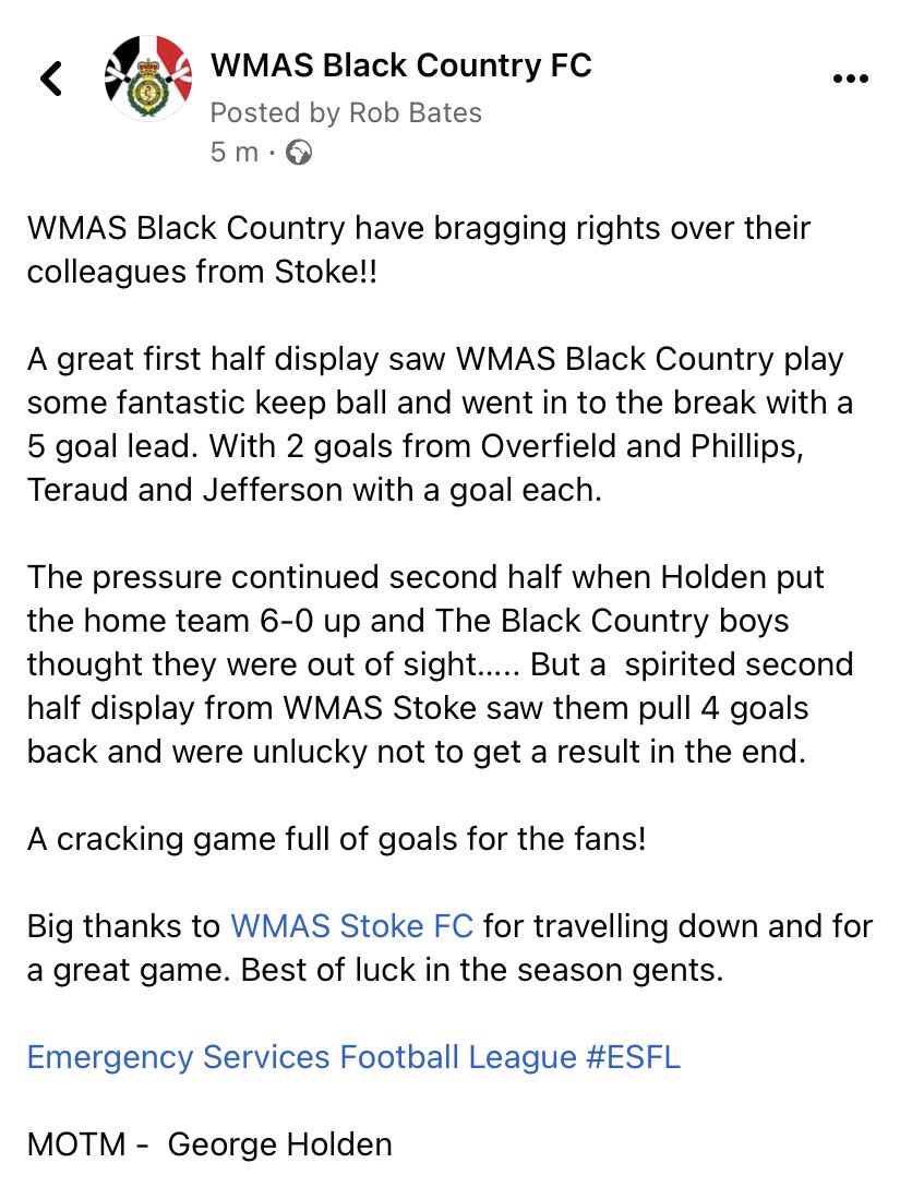Great game this evening with @wmasstokefc in our <a href="/ESFL20/">Emergency Services Football League</a> Midlands League fixture. <a href="/Motor_Source/">Motor Source Group</a>