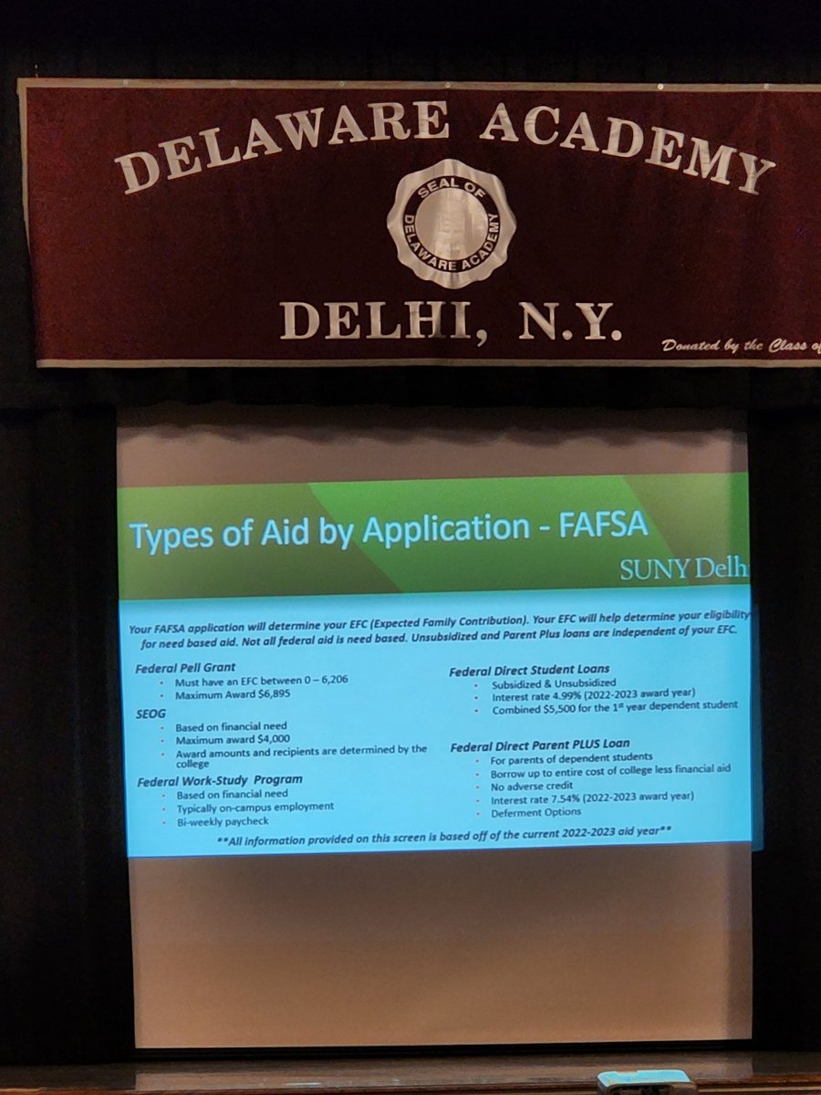CrystalLTrask's tweet photo. Thank you to our school counseling department for organizing a financial aid night in which our friends at @SUNYDelhi presented on the funding options available for students and families. We're looking forward to further helping by hosting a FAFSA completion night on November 1 https://t.co/jk5yUeWAqU