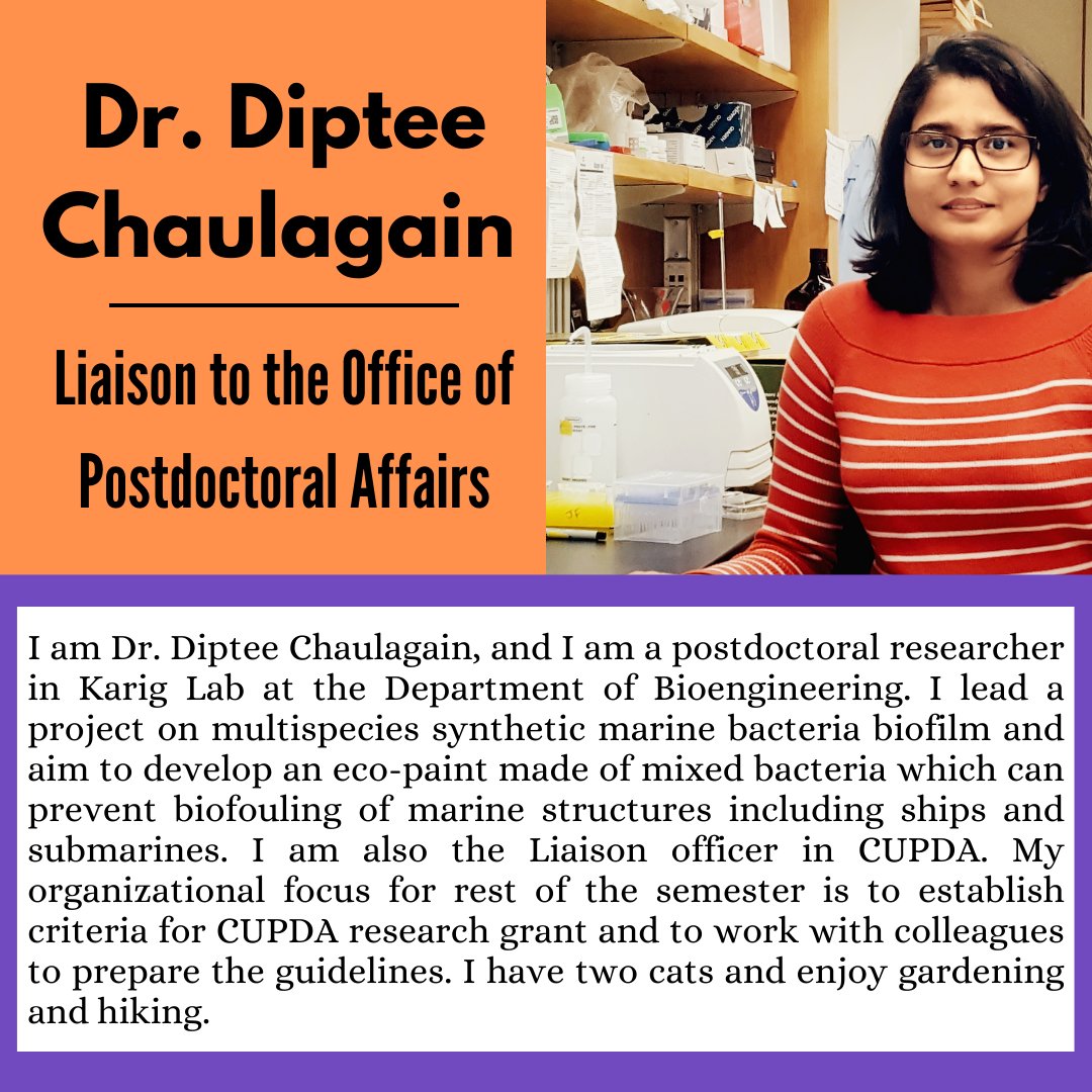 clemsonpostdocs's tweet image. The spotlight for this week is Dr. Diptee Chaulagain. She is the Liaison to the Office of Postdoctoral Affairs. #spotlight #postdoc