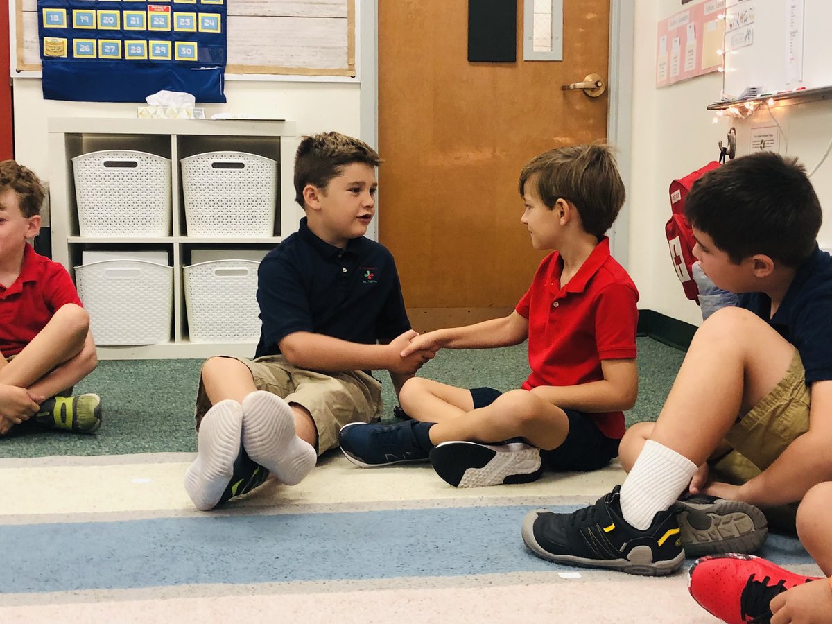 SSSAS_Lower's tweet photo. We brought back the handshake greeting for one of our Morning Meeting routines. Second graders shake hands with their right hand, look each other in the eyes, and greet each other by saying their friend’s name. #SSSASGrade2 @SSSASsaints #responsiveclassroom https://t.co/UMfctcqiHU
