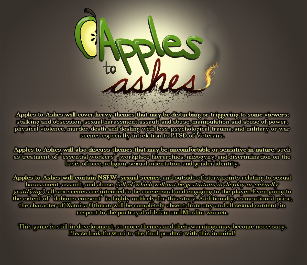 ApplesToAshesVN's tweet image. Content warnings and premise.
#applestoashesgame