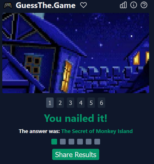 fluff_kevlar's tweet photo. Was just told about GuessTheGame, a Wordle for video games... pretty surprised/proud of this first guess win... https://t.co/P1pH8wTX1p