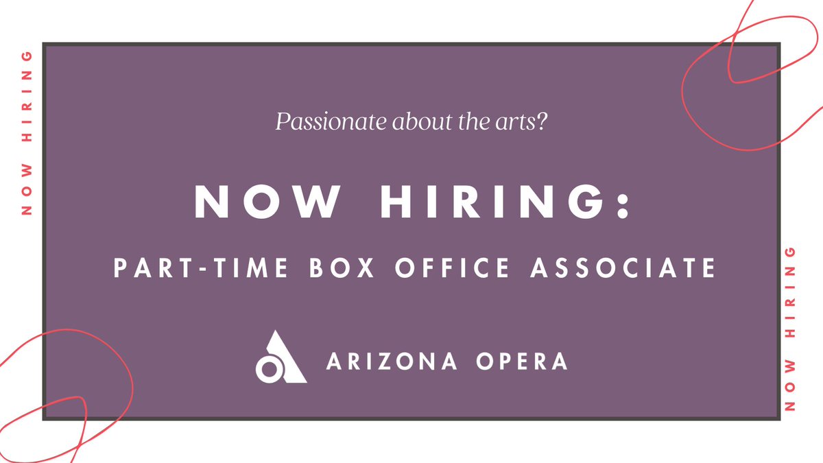 WE'RE HIRING! Arizona Opera is looking for a Part-Time Box Office Associate to join our Box Office team. If you, or anyone you know, would be a good fit for this role, visit the link below to apply! APPLY TODAY: bit.ly/3i5RQnN #opera #nowhiring